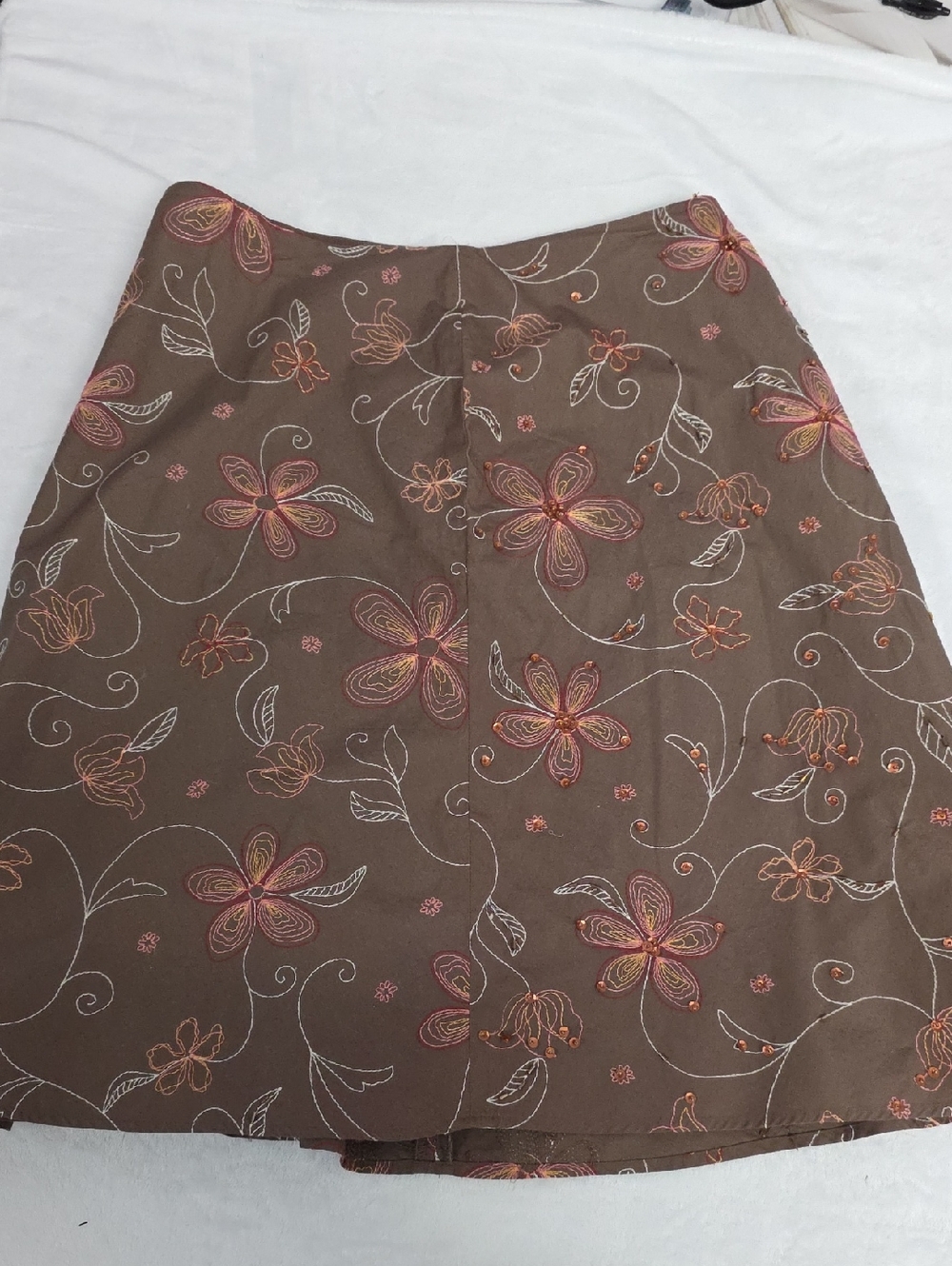 Covington Brown Sequin Embroidered Floral A-Line Skirt Earthy Romantic Cotton